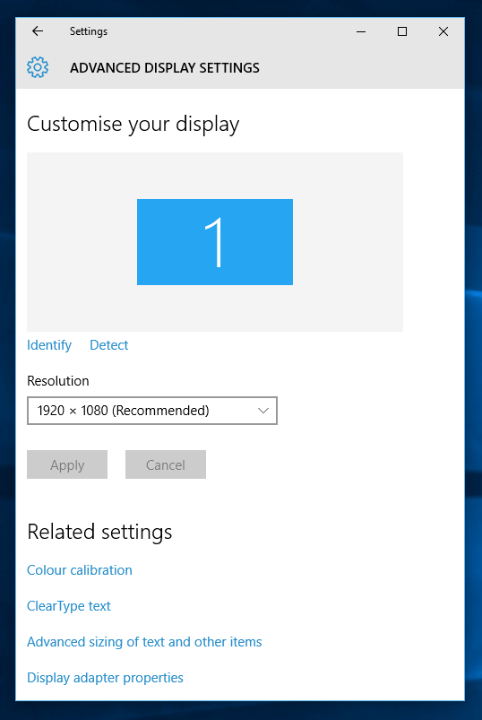 Advanced Display Settings of Windows 10