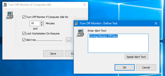 Configure Computer Idle Time to Turn Off Monitor with a audible Text Message