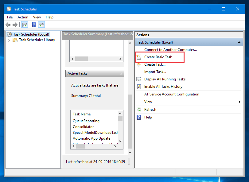 Create Basic Task Option in the Windows Task Scheduler