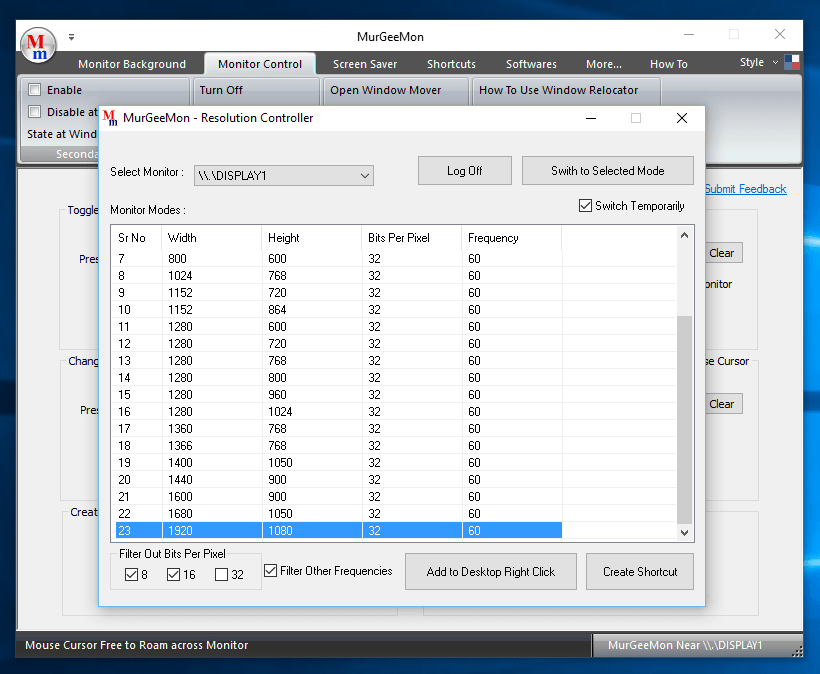 Desktop Shortcut to change Monitor Resolution on Windows 10