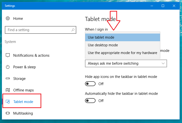 Configure the Tablet Mode Behaviour from the Settings Screen