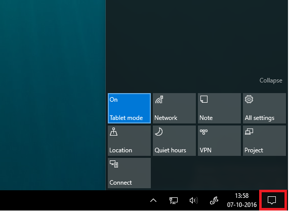 Launch Tablet Mode in Windows 10 by Selecting the Option from Action Center