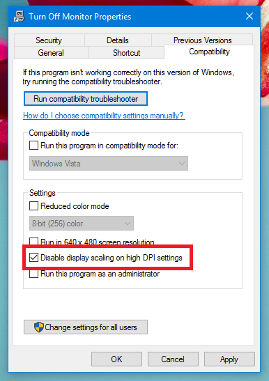 Option to Disable Display Scaling in Window 10