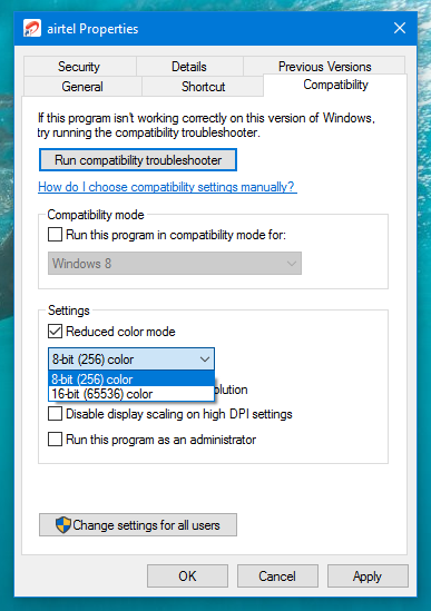Run Application in Compatibility Mode to Reduce Color Depth in Windows 10