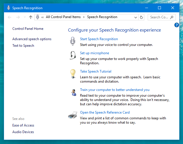 Speech Recognition Options in Windows 10